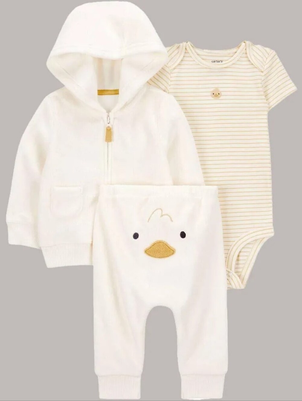 Carter's Cream Hooded Zip Jacket, Striped Bodysuit & Duck Embroidered Pants Set